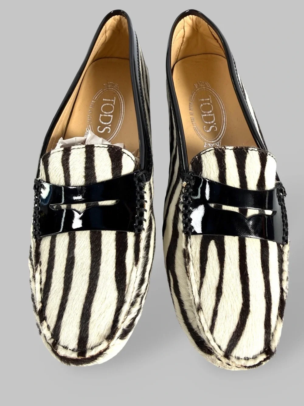 TOD'S Black & White Zebra-Print Penny Loafers